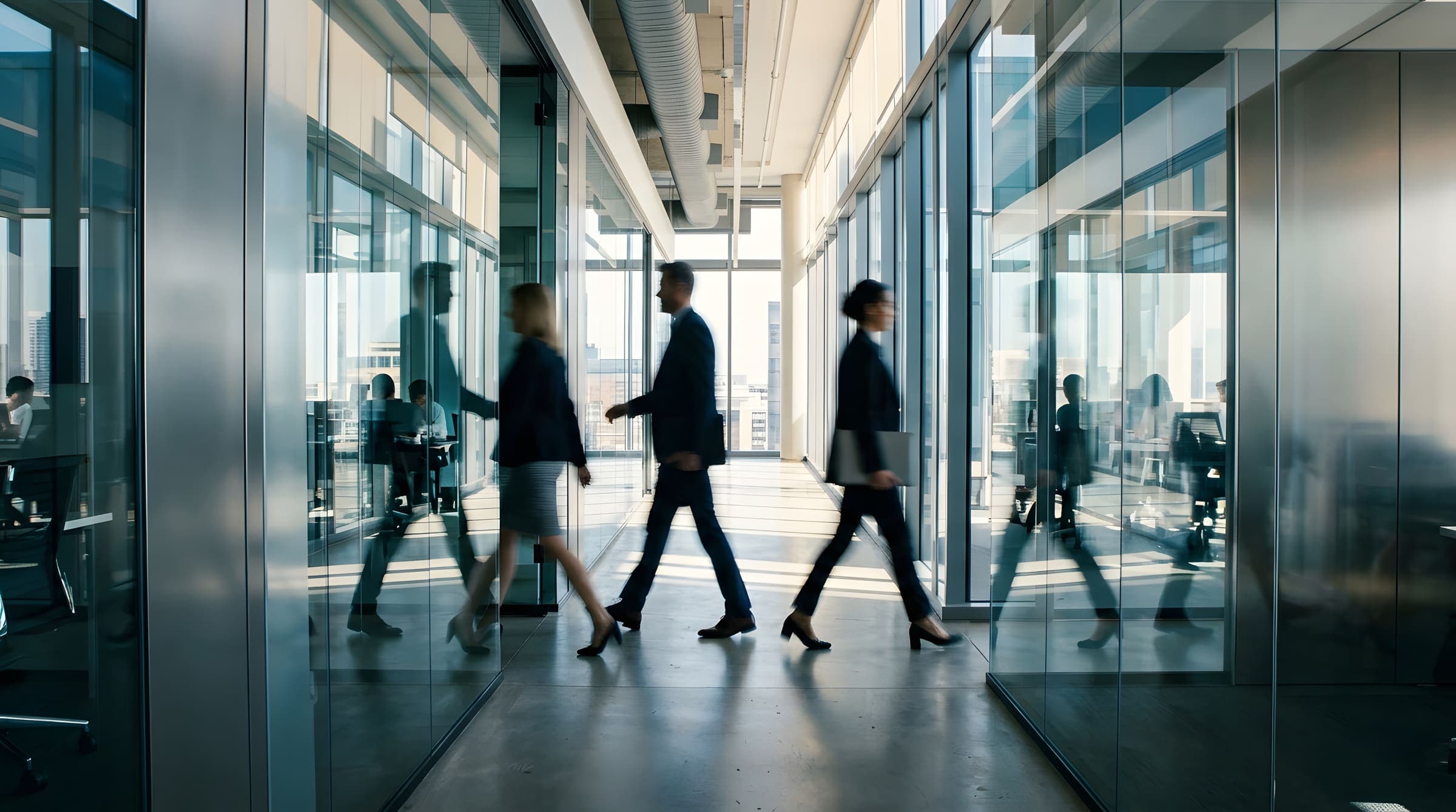 People walking along a glass-walled office corridor