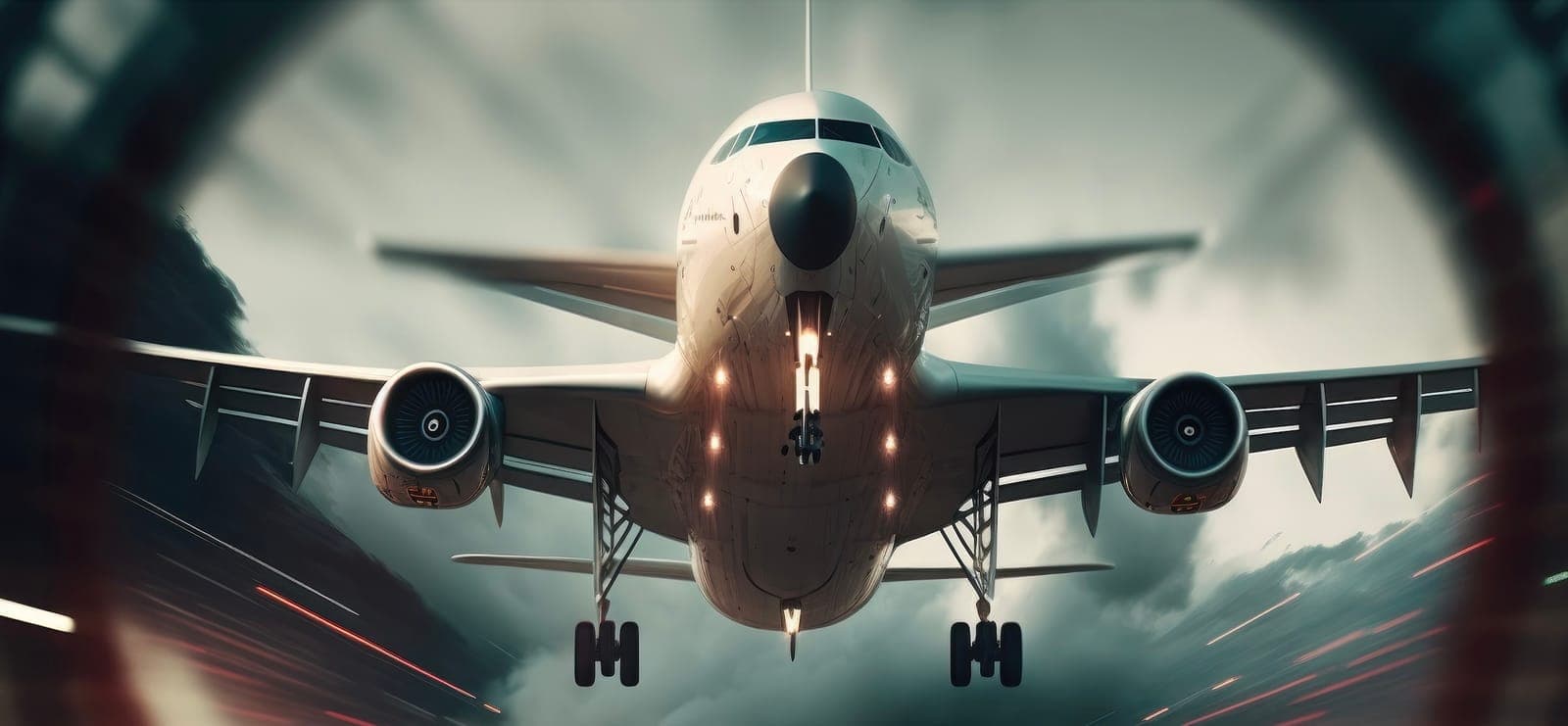 Passenger jet landing, seen head-on with its lights on