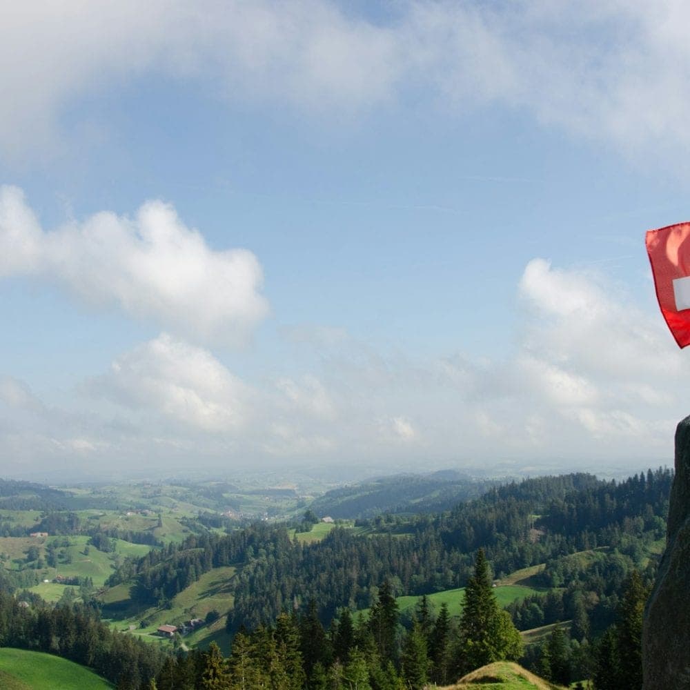 Swiss flag above green hills and forest under a cloudy sky