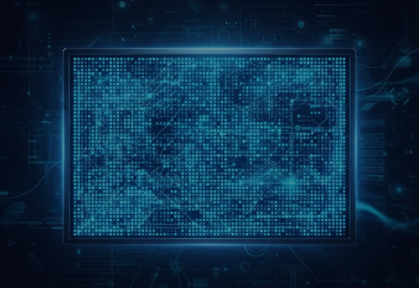 Circuit-board patterns glowing on a screen
